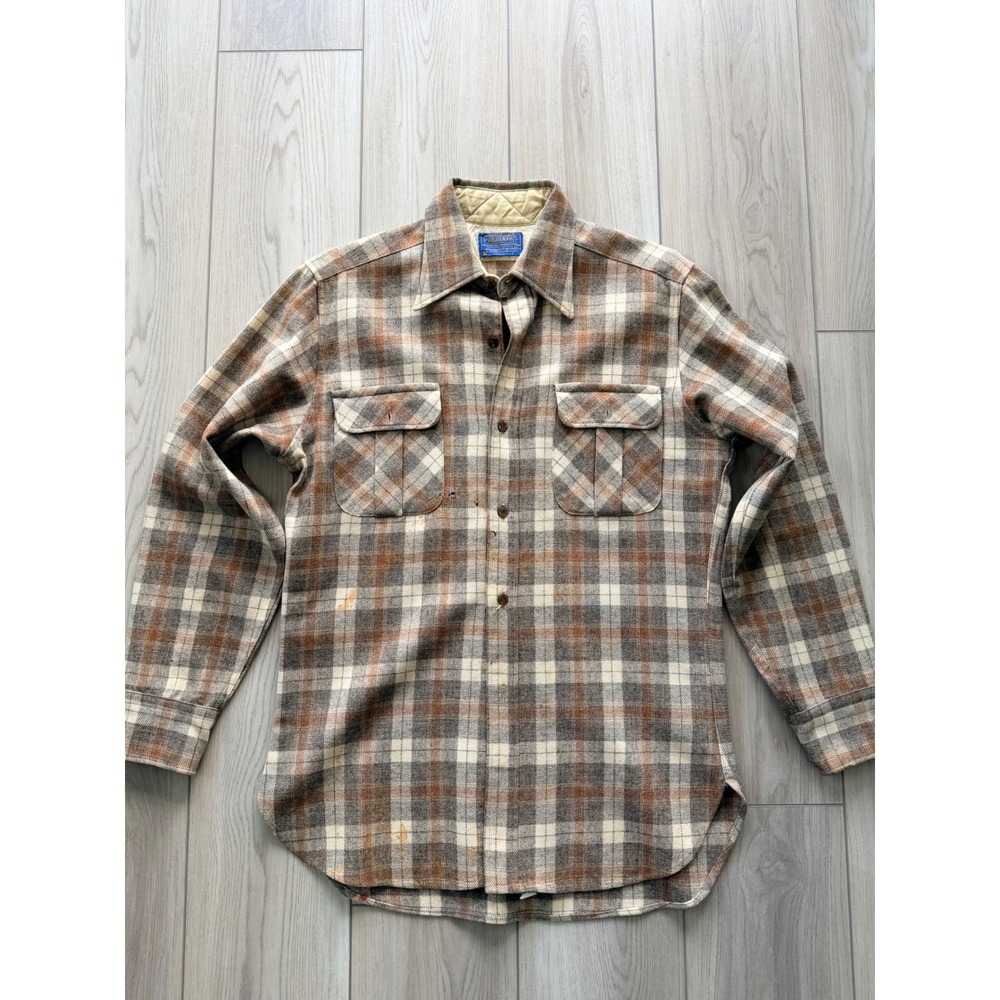 60s Vintage Pendleton Wool Flannel Shirt Mens M Brown Plaid Button Down USA Made